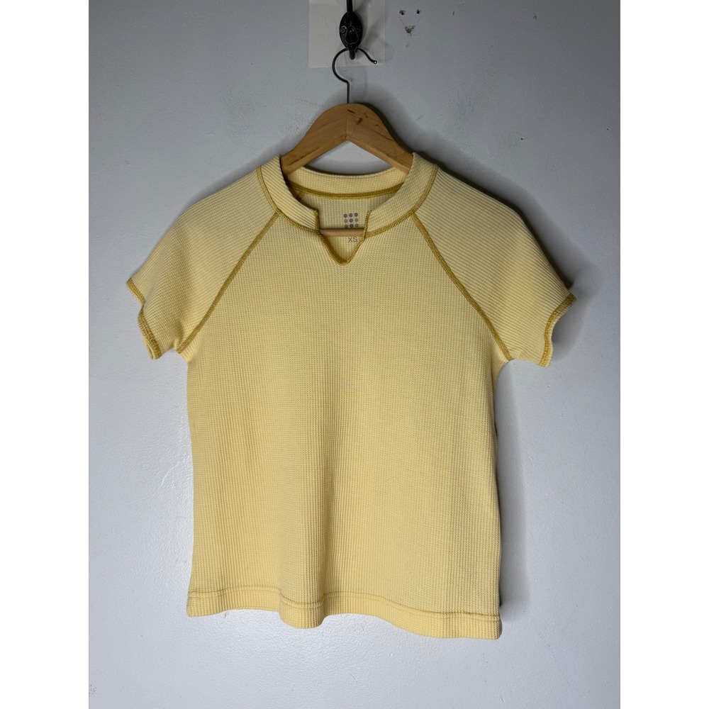 Title Nine Womens Yellow Waffle Knit Split Neck Raglan Short Sleeve Top XS